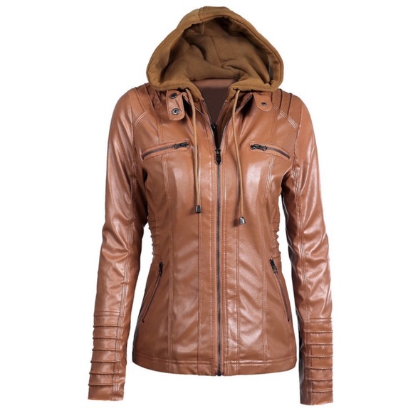 Maralyn & Me Jackets & Blazers - Women Double Layer Faux Leather Jacket Ladies Hooded Biker Coat
